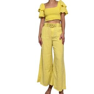 Elliatt Yellow Linen Blend Smocked Ruffle Top Wide Leg Belted Pant Set SZ S